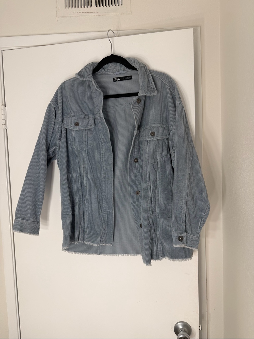 Zara Light Blue Corduroy Overshirt with Fringe Hem